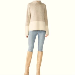 Derek Lam Contrast Ribbed Turtleneck Sweater Cream/Beige Wool Size Medium